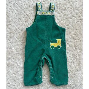 Vintage 70s Baby Green Corduroy Overalls Applique Train 12m
